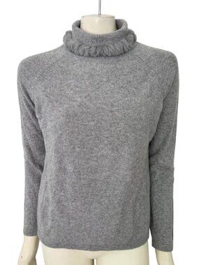 QI CASHMERE Long Sleeve Fur Trimmed Turtleneck Sweater in Heather Gray SZ M